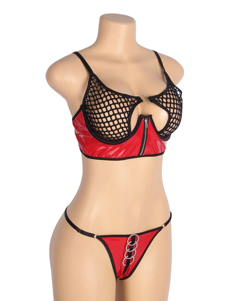 BH-Set aus rotem Lackleder und Mesh – mit Reißverschluss und Metallring-Details