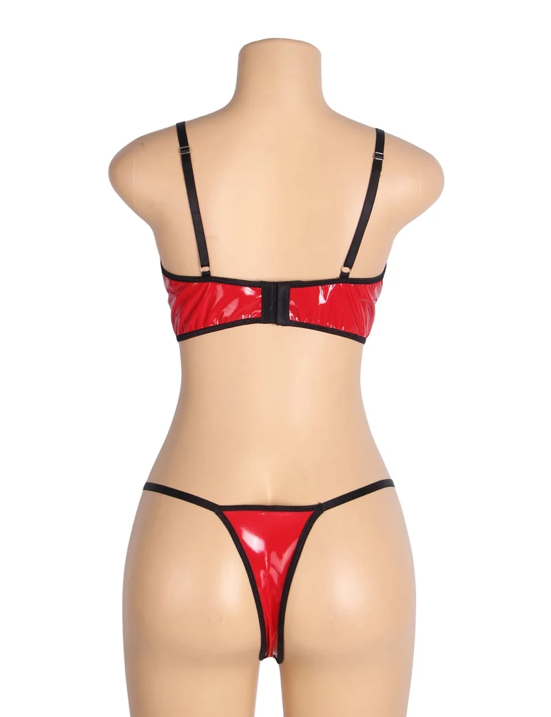BH-Set aus rotem Lackleder und Mesh – mit Reißverschluss und Metallring-Details