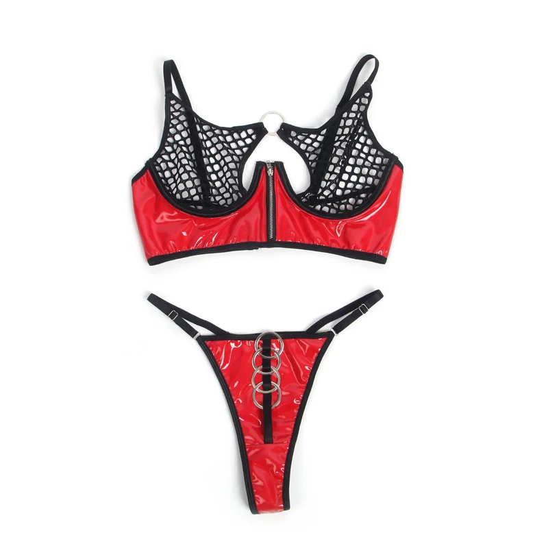 BH-Set aus rotem Lackleder und Mesh – mit Reißverschluss und Metallring-Details