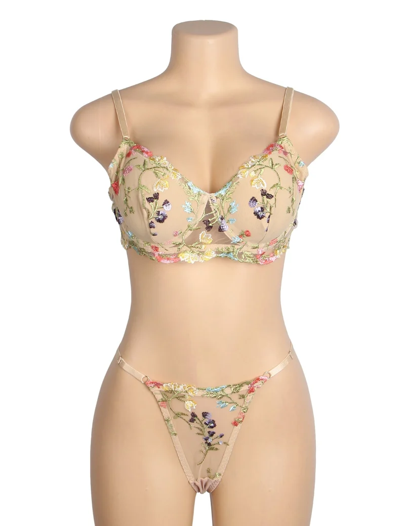 Gelbes BH-Set aus Mesh mit Blumenstickerei – mit Bügel und Stretch-Passform