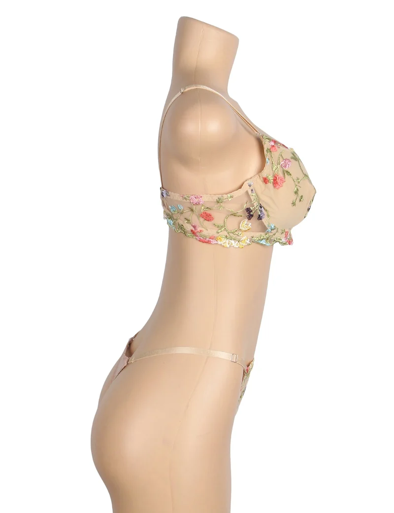 Gelbes BH-Set aus Mesh mit Blumenstickerei – mit Bügel und Stretch-Passform