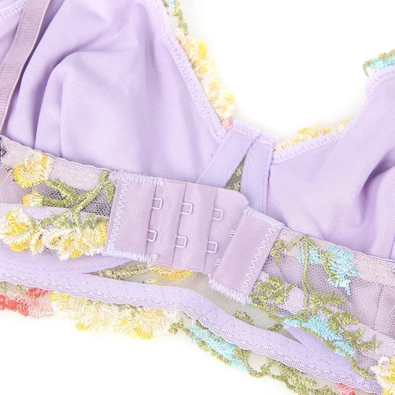 Lila Mesh-BH-Set mit Blumenstickerei – mit Bügel und Stretch-Passform