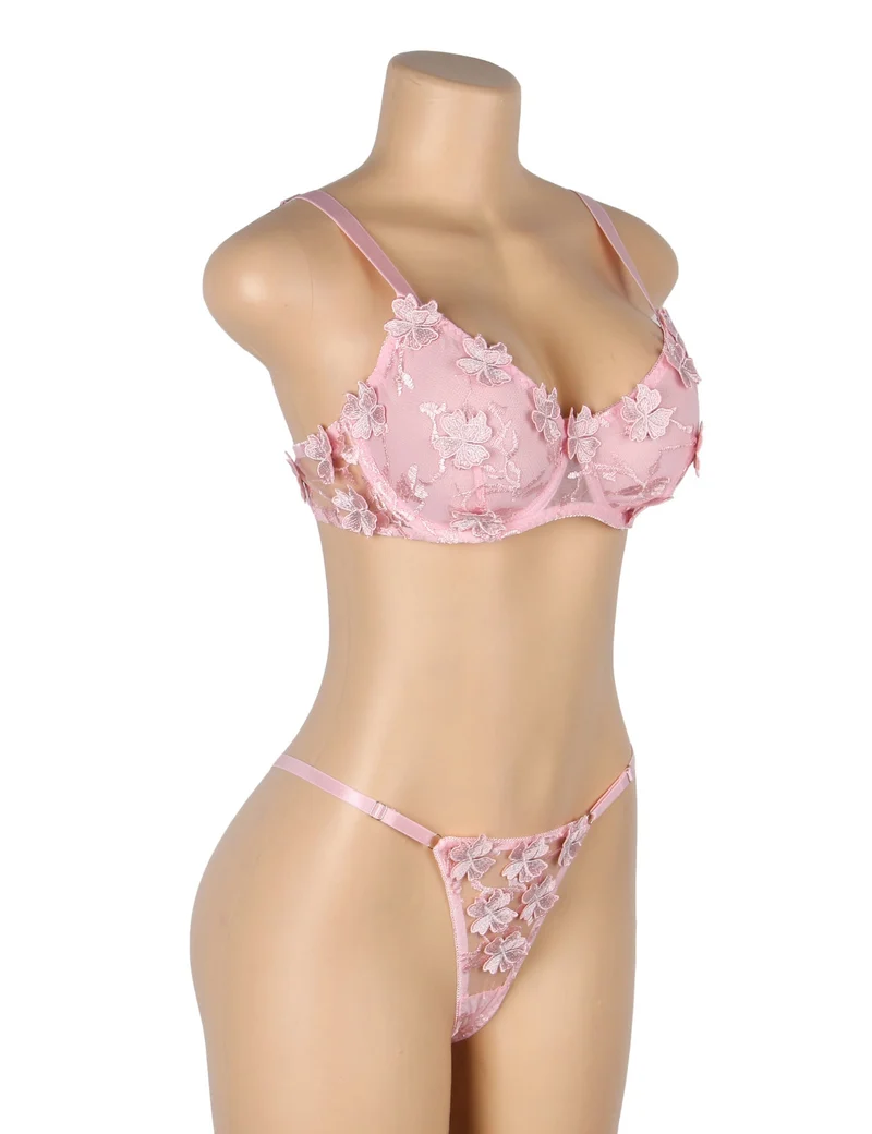 BH-Set mit rosafarbener Blumenstickerei aus Mesh – mit Bügel und 3D-Spitze