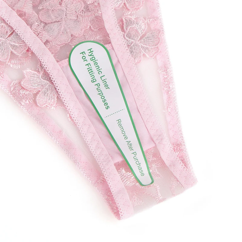 BH-Set mit rosafarbener Blumenstickerei aus Mesh – mit Bügel und 3D-Spitze
