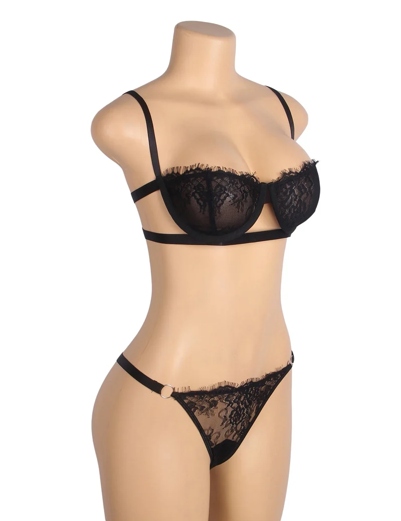 Schwarzes Bügel-BH-Set aus Wimpernspitze mit elastischem Unterbrustband und verstellbaren Trägern