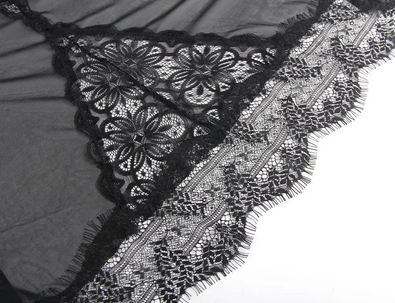 Schwarzes, bügelbesetztes Babydoll aus Mesh mit vorderem Spitzeneinsatz, Wimpernspitzensaum und Hakenverschluss