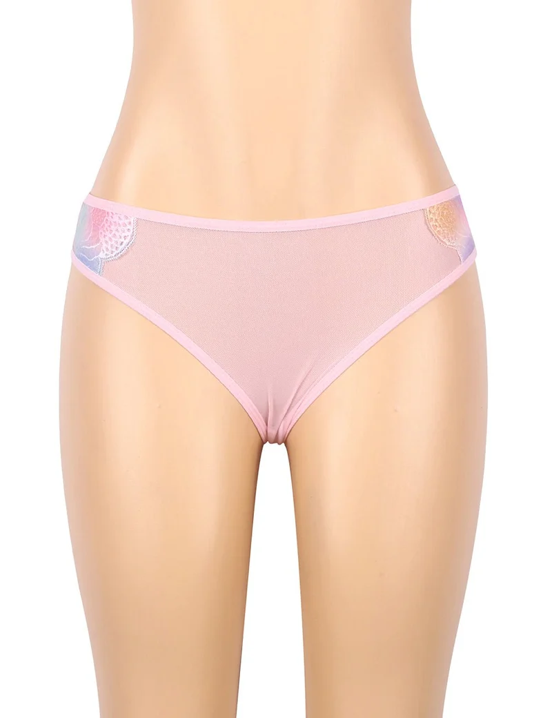 Babydoll aus rosafarbenem Mesh mit digitalem Spitzendruck, Schlitz vorne und passendem bedrucktem Höschen