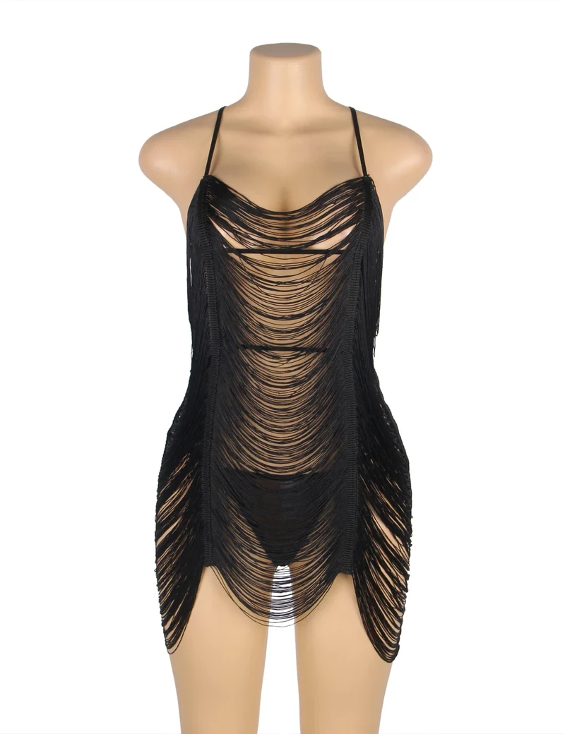 Babydoll mit Quasten und Spitzenausschnitten sowie Trägern – auch als Strandkleid tragbar