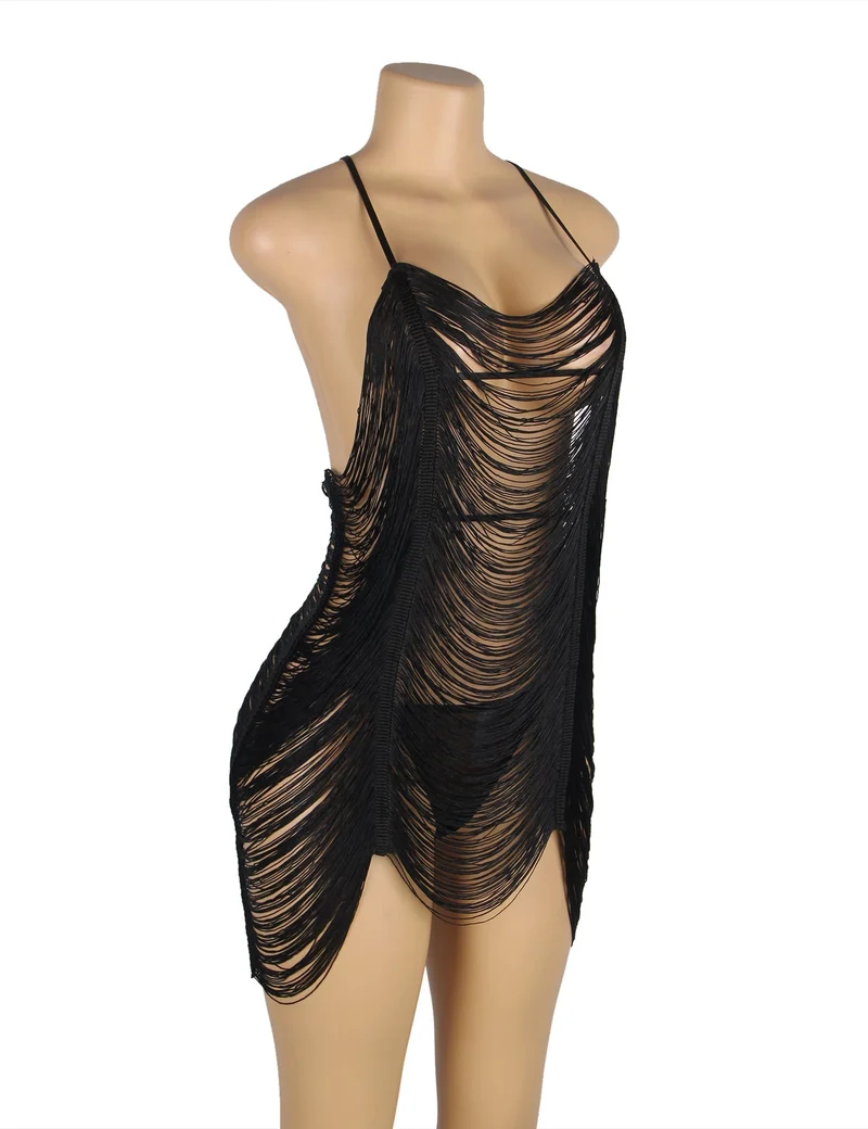 Babydoll mit Quasten und Spitzenausschnitten sowie Trägern – auch als Strandkleid tragbar