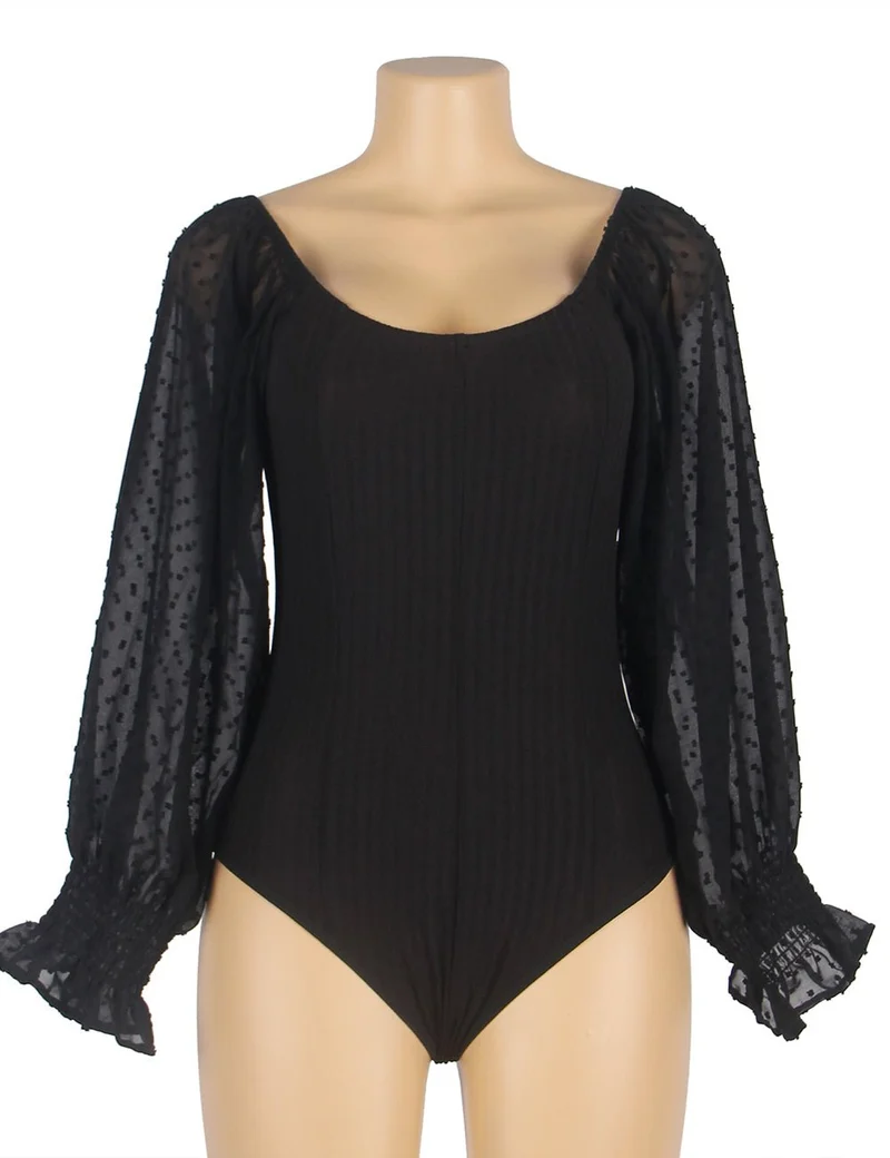 Schwarzer One-Shoulder-Body – Chiffon-Puffärmel & Schnallenverschluss im Schritt