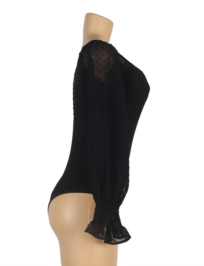Schwarzer One-Shoulder-Body – Chiffon-Puffärmel & Schnallenverschluss im Schritt