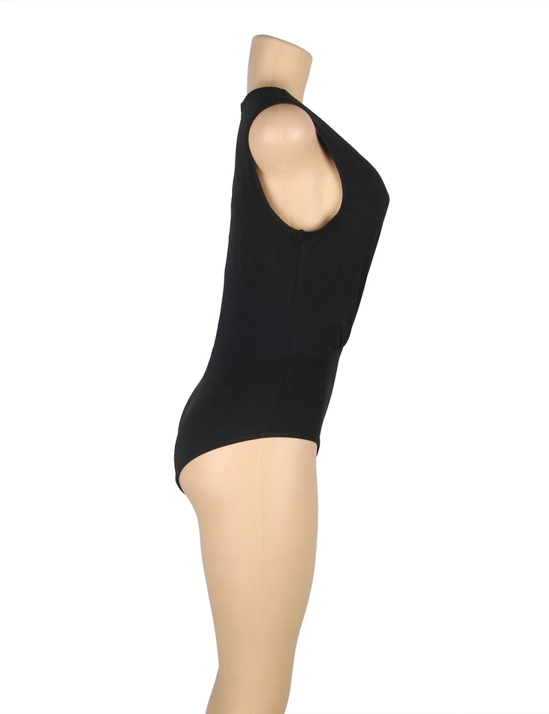 Schwarzer, ärmelloser Body mit tiefem V-Ausschnitt – knitterarm, Reißverschluss hinten und Druckknopfverschluss im Schritt