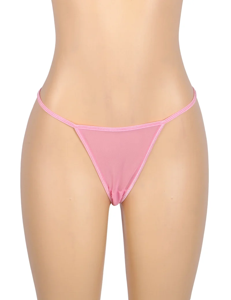 Rosa Babydoll aus Netzstoff mit 3D-Blumenstickerei, Schleifenverzierung, Rüschensaum, formgebendem Oberteil und passendem Höschen.