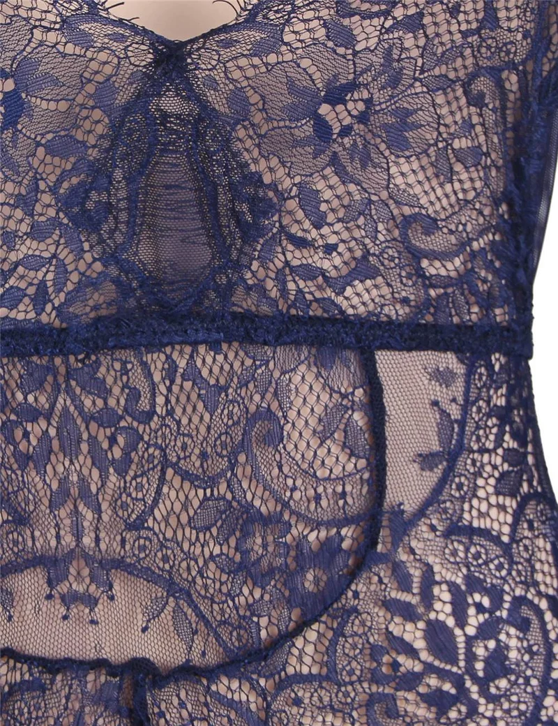 Denimblauer Teddybär mit langen Ärmeln und Spitze – Wimpernbesatz, tiefer V-Ausschnitt und hohler Rücken