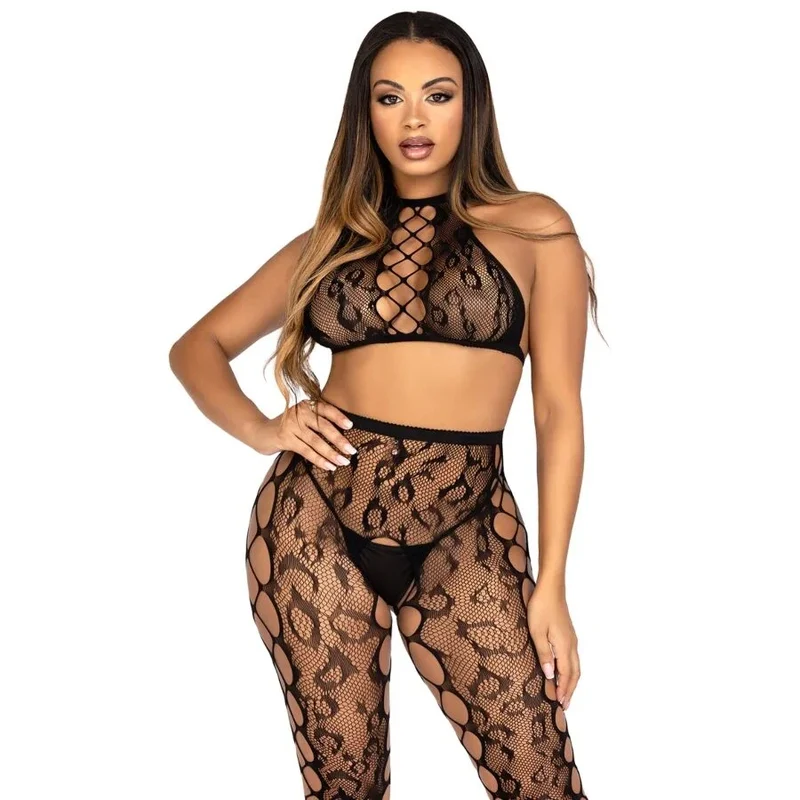 LEG AVENUE - 89372 CROP-TOP- UND SCHRITTLOSE STRUMPFHOSE, SCHWARZ - EINHEITSGRÖSSE
