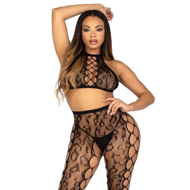 LEG AVENUE - 89372 CROP-TOP- UND SCHRITTLOSE STRUMPFHOSE, SCHWARZ - EINHEITSGRÖSSE