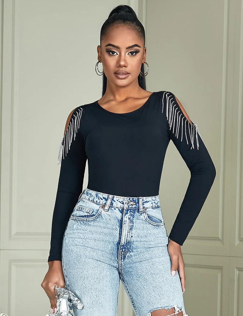Schwarzer Langarmbody – Hohlärmel mit Strassbesatz und gebürstetem Nylon