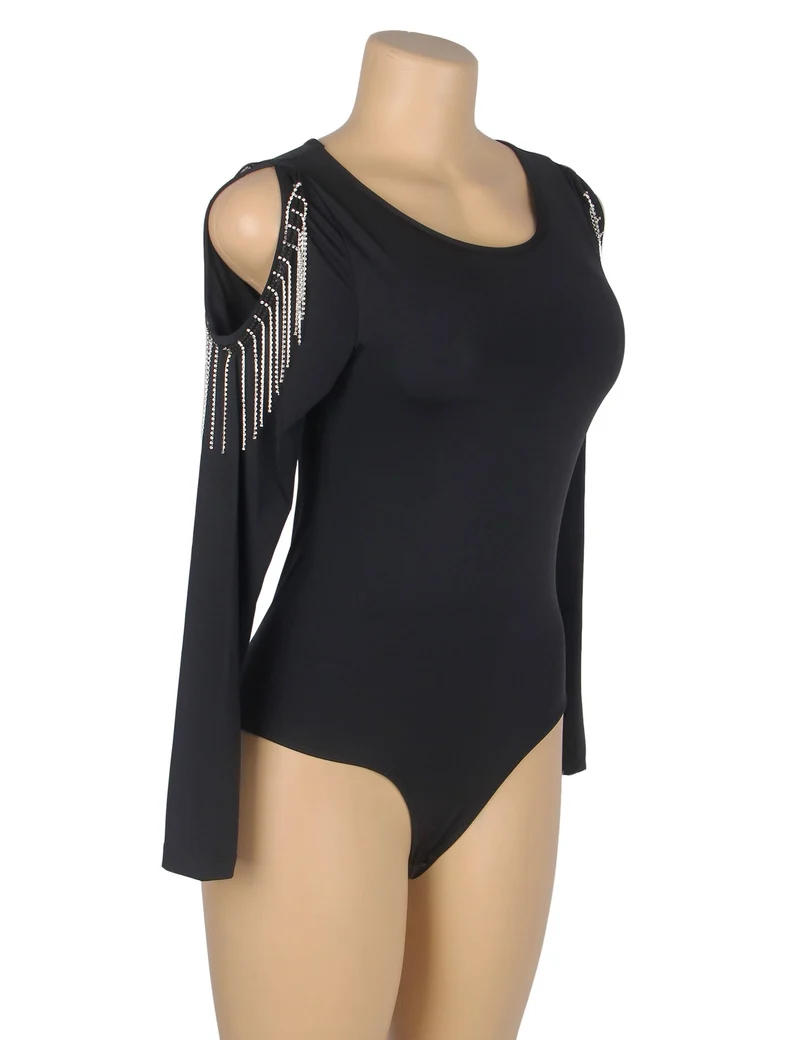 Schwarzer Langarmbody – Hohlärmel mit Strassbesatz und gebürstetem Nylon