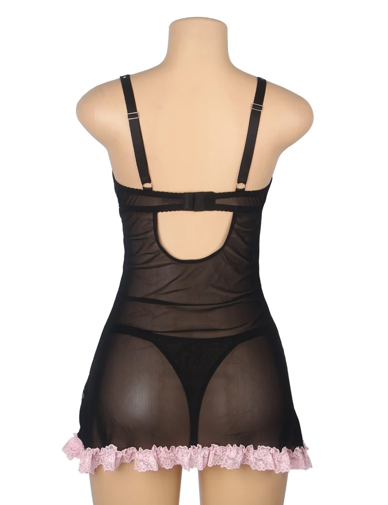 Schwarzes Babydoll aus Spitze mit Rüschensaum, Bügel-BH, hohlem Rückenausschnitt und Schleife sowie passendes Spitzen-T-Hose-Set