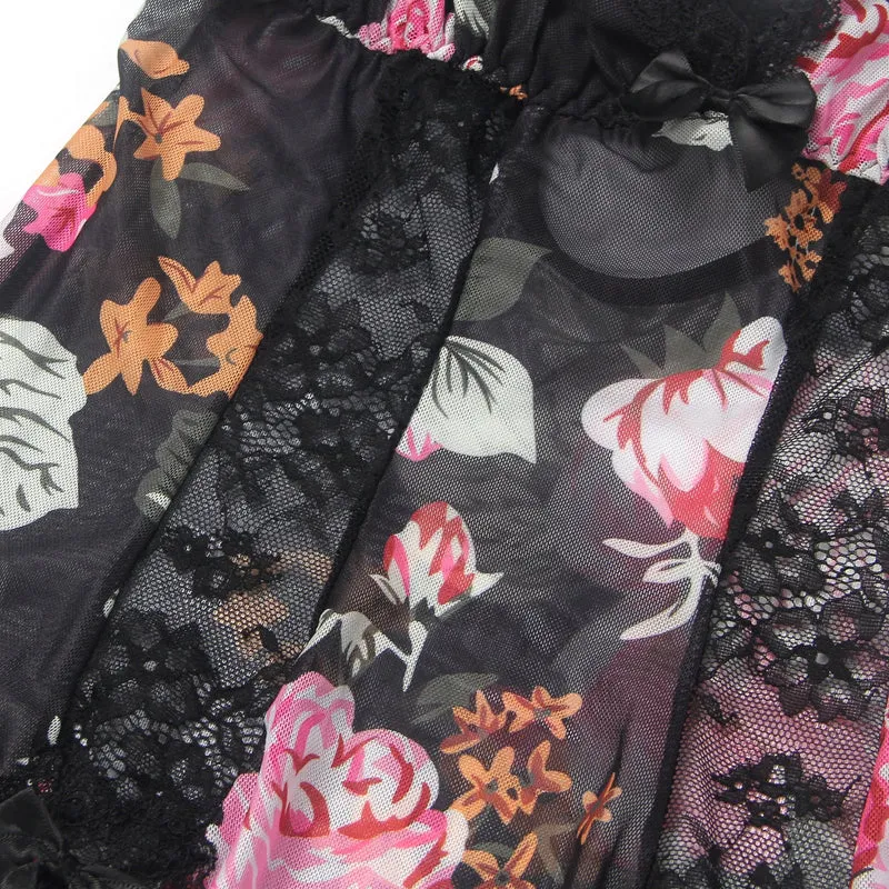 Langes Nachthemd aus floral bedrucktem Mesh und Spitze mit gefüttertem Oberteil, hohem Schlitz vorne, offenem Rücken und T-Rücken-Set