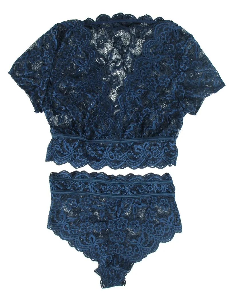 Set aus dunkelblauem, glänzendem Spitzen-Crop-BH mit tiefem V-Ausschnitt und hochgeschnittenem Höschen