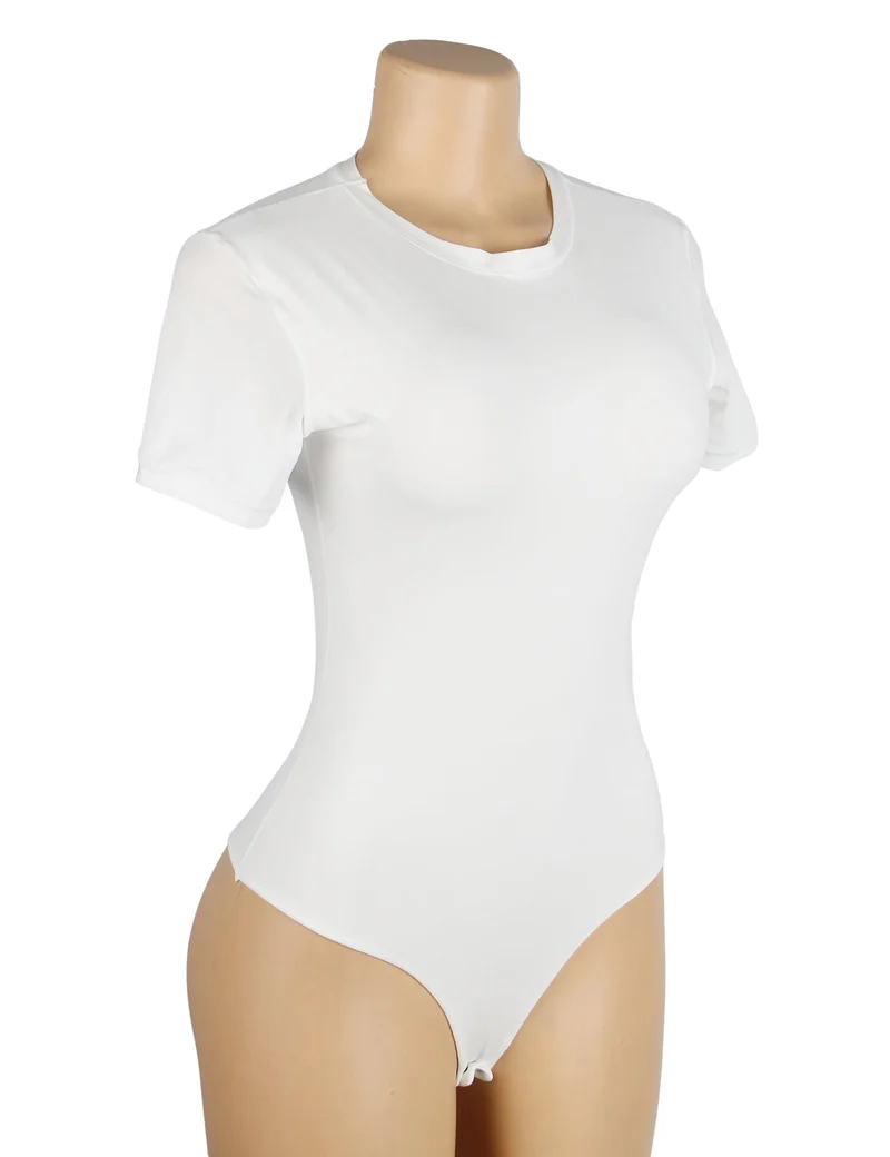 Weißer Kurzarm-Body – Gebürstetes Nylon, Rundhalsausschnitt & verstellbarer Schritt