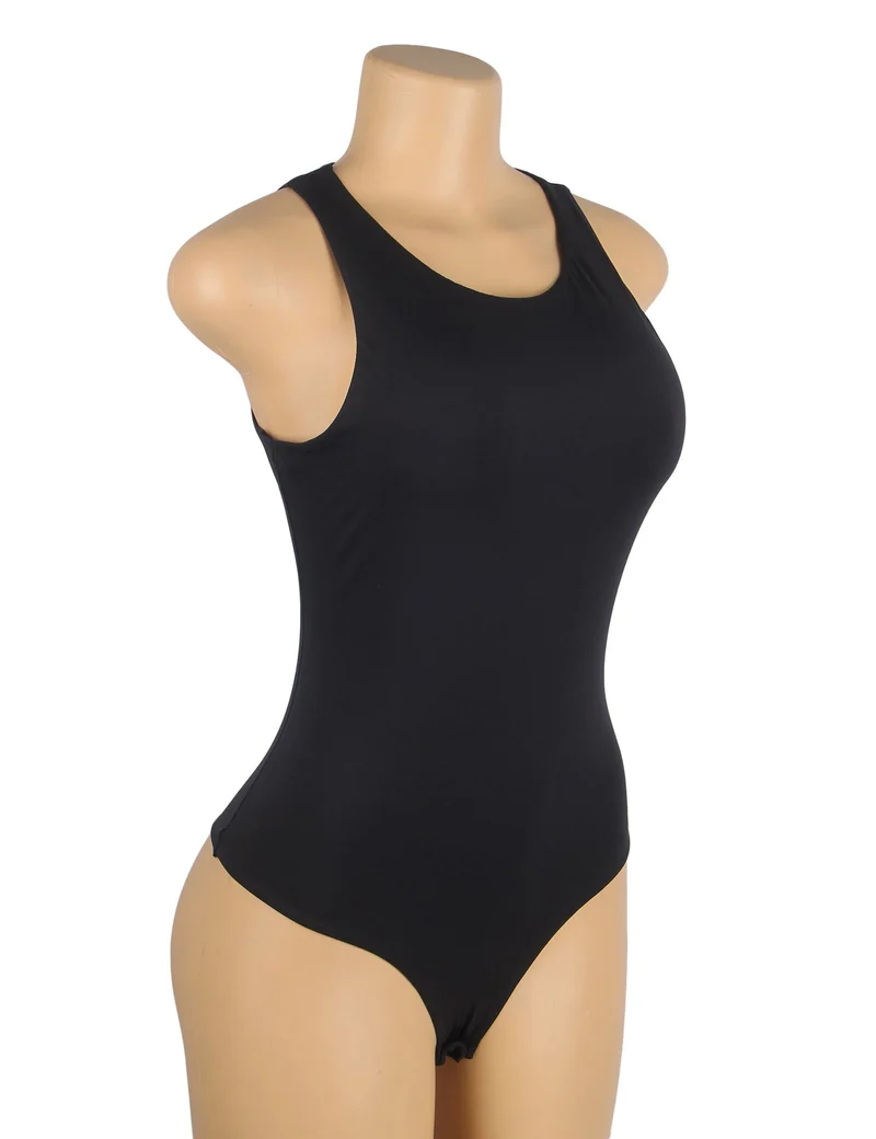 Schwarzer ärmelloser Body – Gebürstetes Nylon, Rundhalsausschnitt & Druckknopf im Schritt