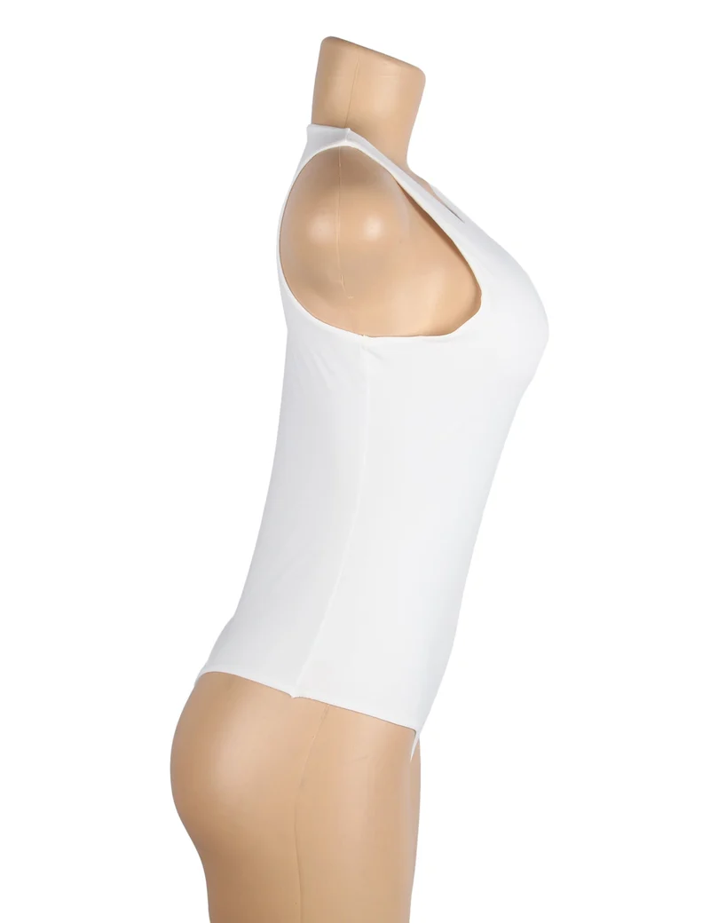 Weißer ärmelloser Body – Gebürstetes Nylon, Rundhalsausschnitt & Druckknopf im Schritt