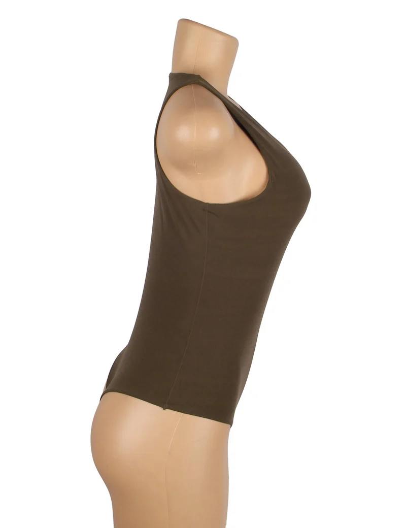 Brauner ärmelloser Body – Gebürstetes Nylon, Rundhalsausschnitt & Druckknopf im Schritt