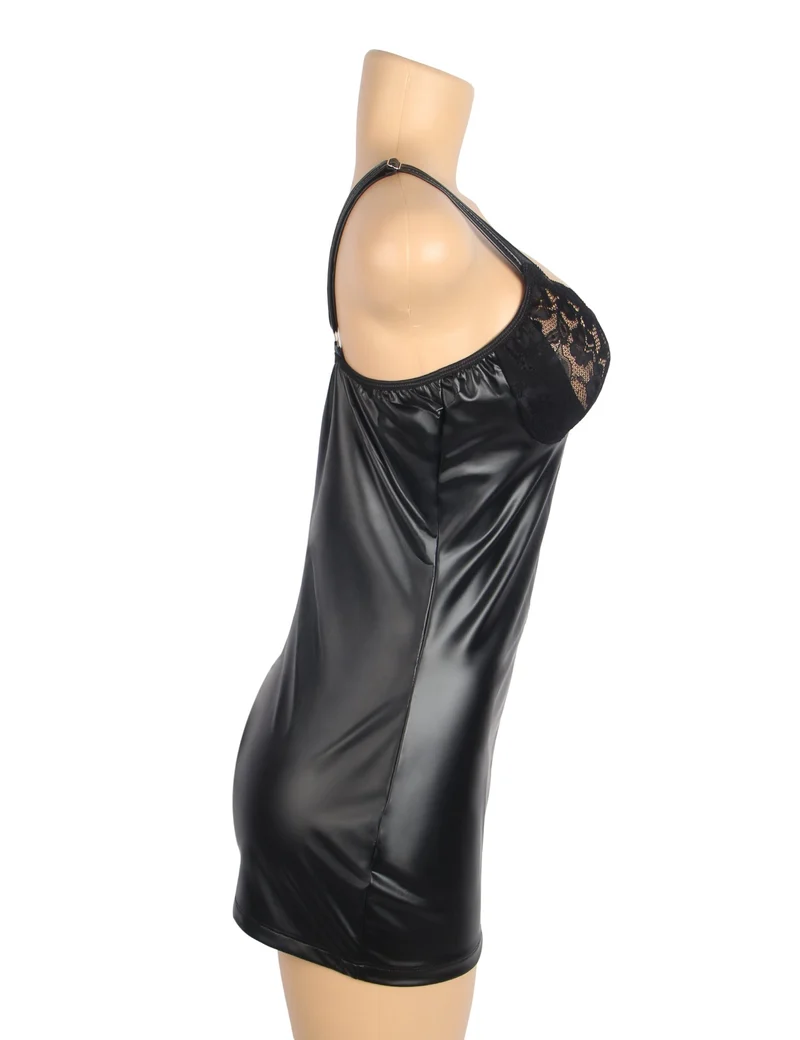 Schwarzes Minikleid aus PU-Leder mit Spitzeneinsatz im Brustbereich, Reißverschluss vorne und breiten, verstellbaren Trägern