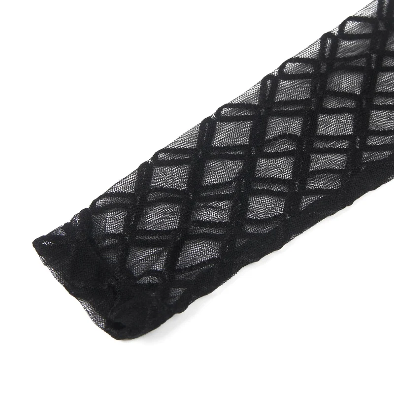 Schwarzer, hochgeschlossener Body aus Diamant-Mesh mit Ausschnitt am Rücken, runden Knopfdetails, Schwimmfutter und Druckknöpfen im Schritt