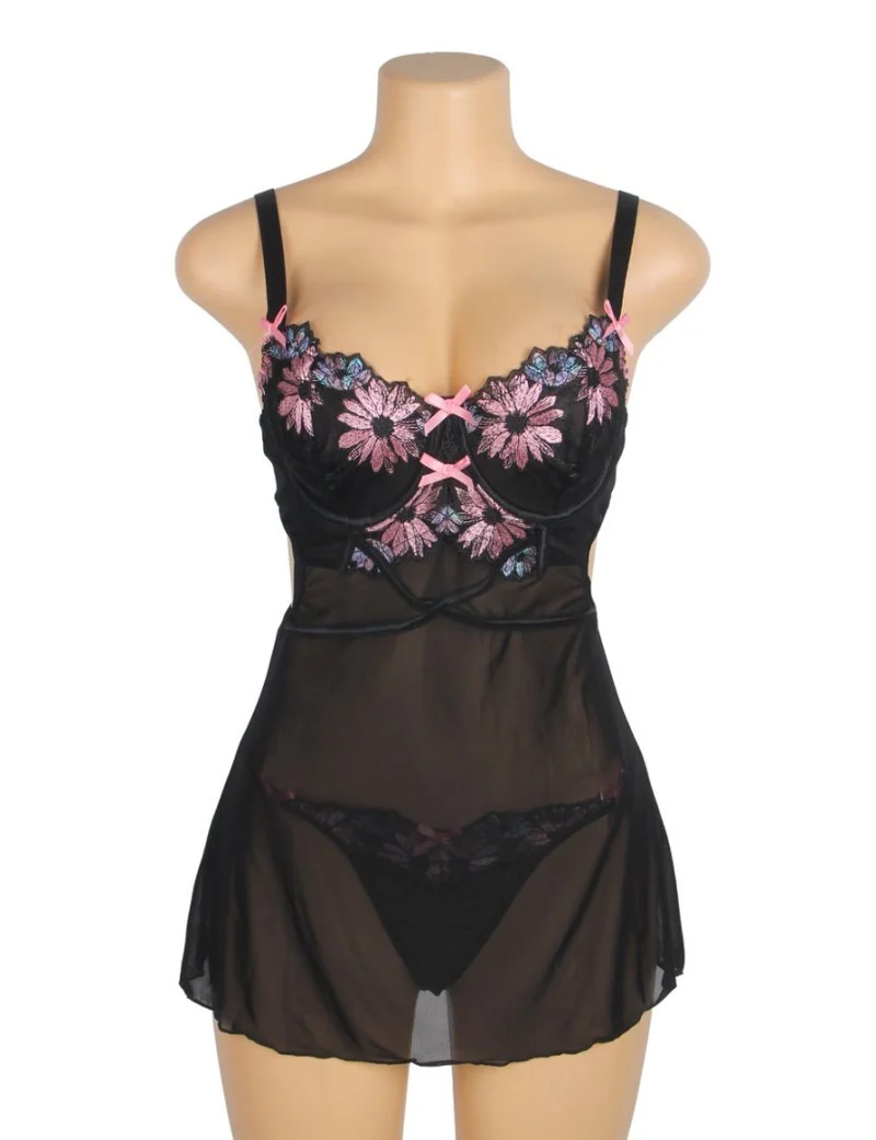 Schwarzes Babydoll aus Netzstoff mit Blumenstickerei, Bügel-BH, Knopfverschluss hinten, Schleifenverzierungen und passendem T-Shirt-Set