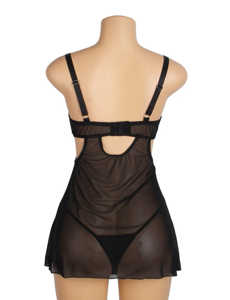 Schwarzes Babydoll aus Netzstoff mit Blumenstickerei, Bügel-BH, Knopfverschluss hinten, Schleifenverzierungen und passendem T-Shirt-Set