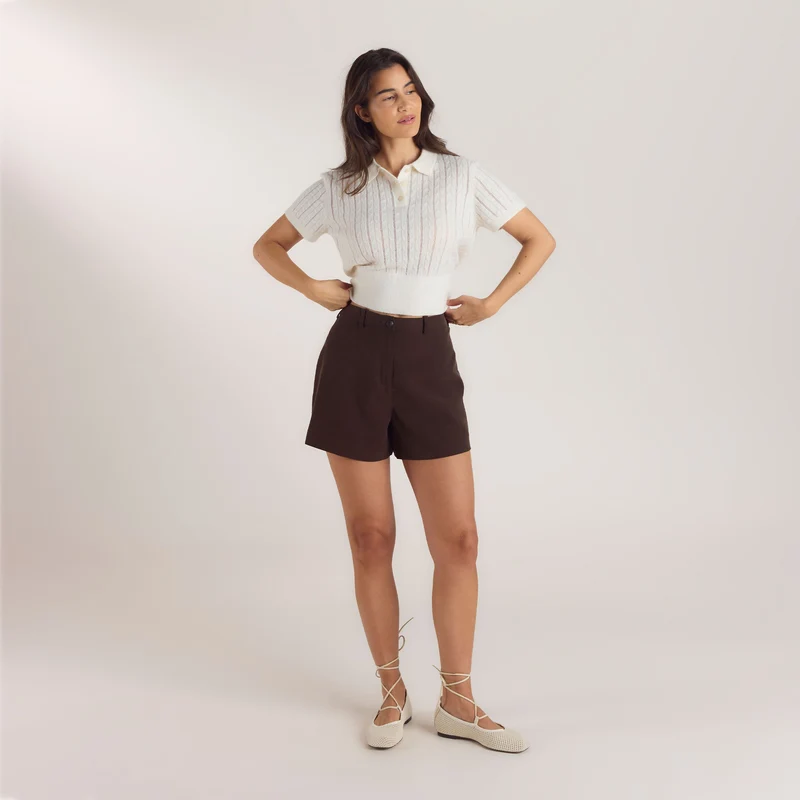 High-Waisted Tailored Shorts - Chocolate