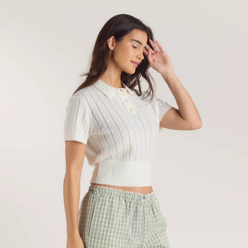 Sheer Knitted Polo Top - Cream