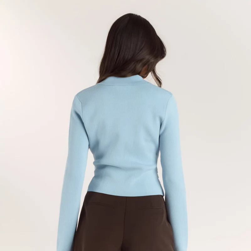 Ribbed Knitted Cardigan - Light Blue