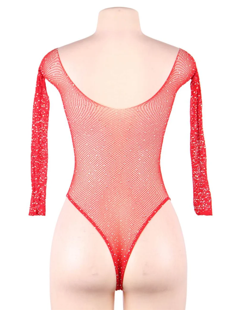 Roter Netz-Body mit langen Ärmeln, schulterfrei und Strassbesatz