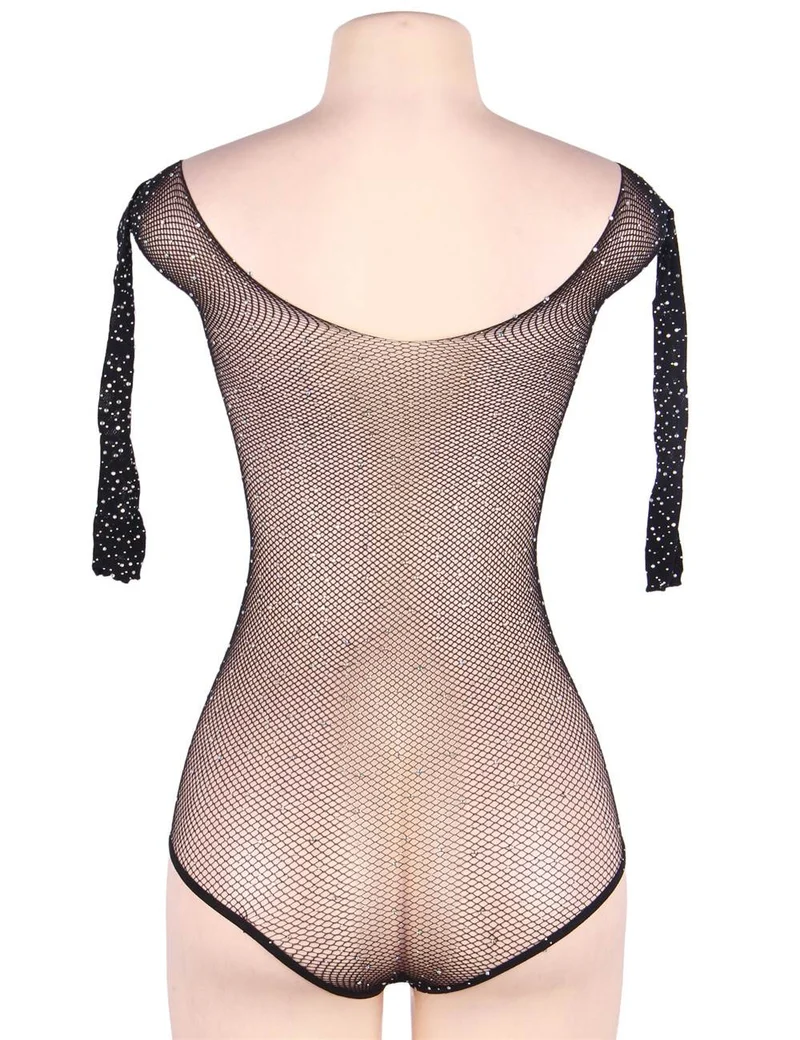 Schwarzer, langärmeliger, schulterfreier Strass-Body aus Netzstoff