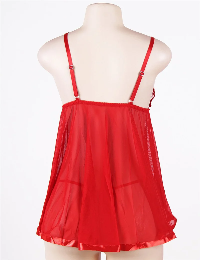 Rotes Pailletten-besticktes Mesh-Babydoll- und String-Set