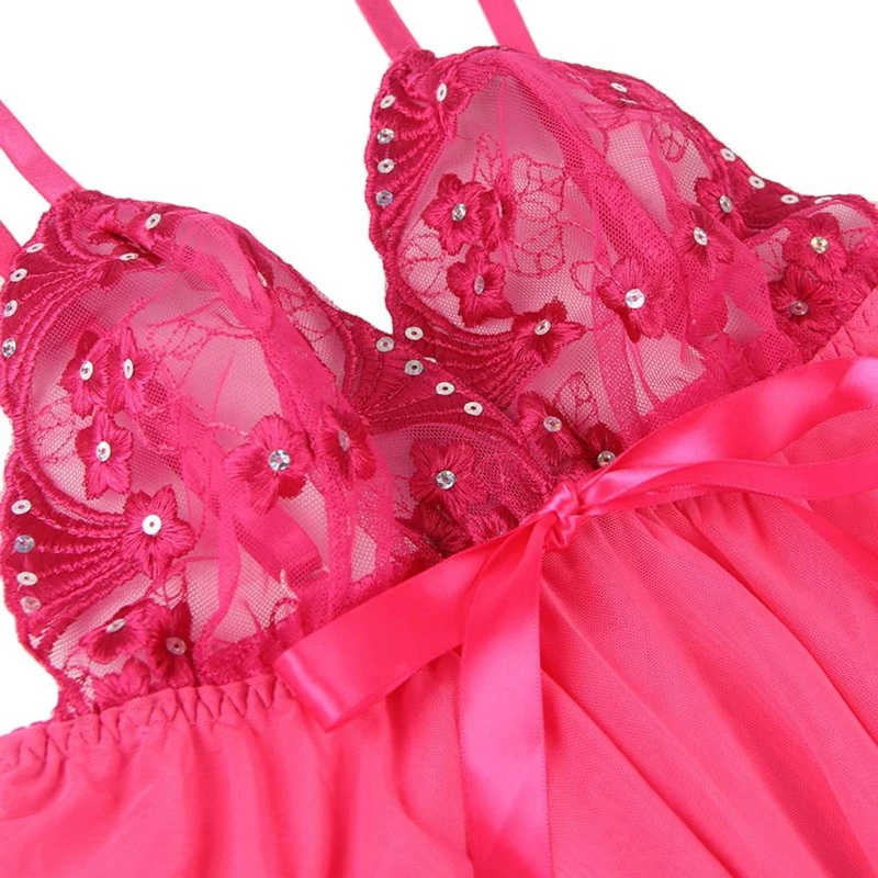 Babydoll- und String-Set aus rosafarbenem Pailletten-Mesh mit Stickerei