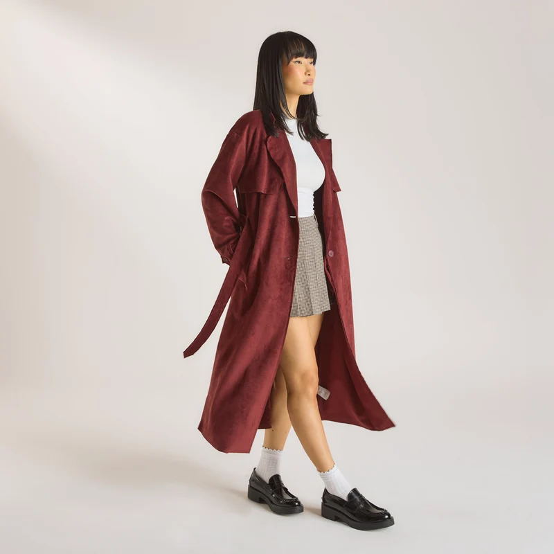 Suedette Trench Coat - Burgundy