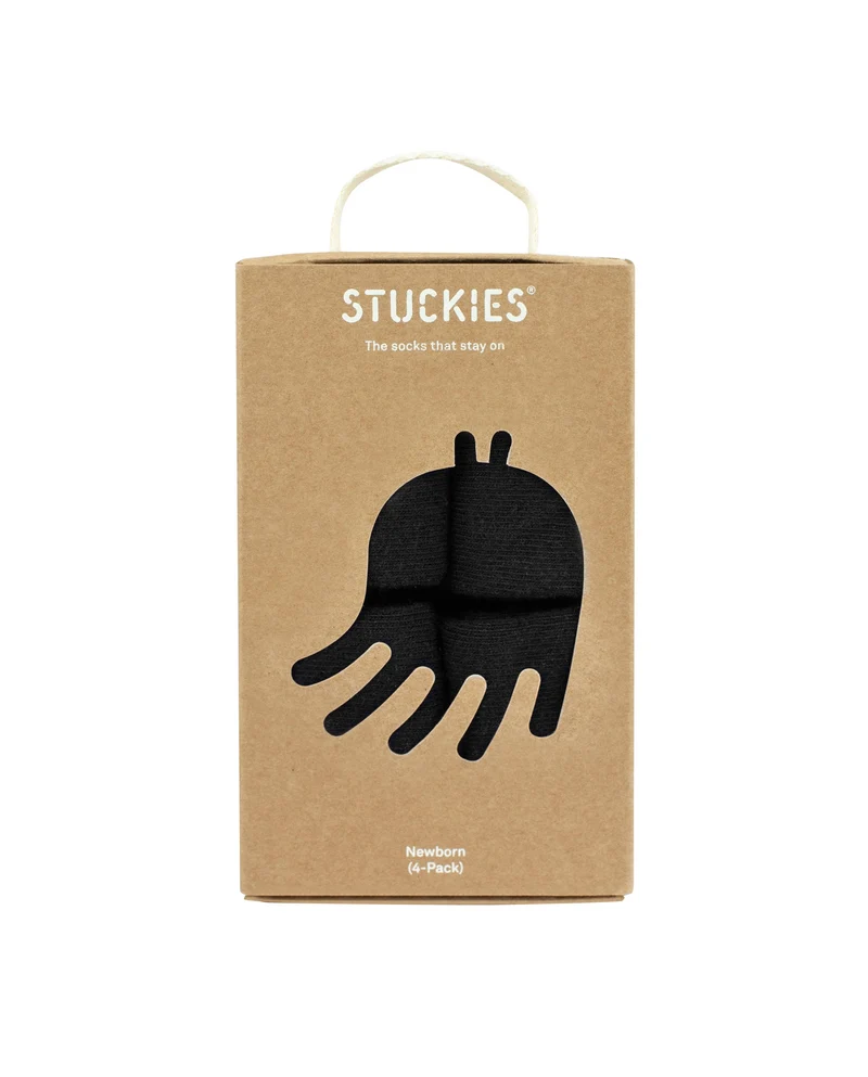 STUCKIES Neugeborenensocken mit nahtloser Zehenpartie und rutschfestem Verschluss – 4er-Pack – Schwarz