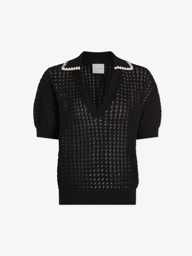 Monte V Neck Knit Polo Black
