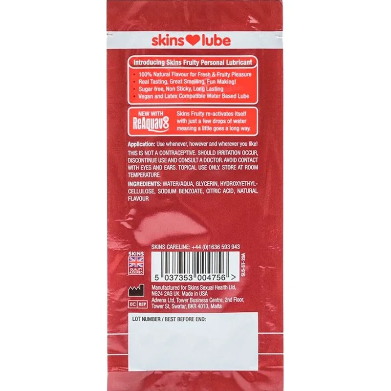 SKINS – FRUCHTIGES, WASSERBASIERTES GLEITMITTEL ERDBEERE, EINZELDOSIERUNG 5 ML