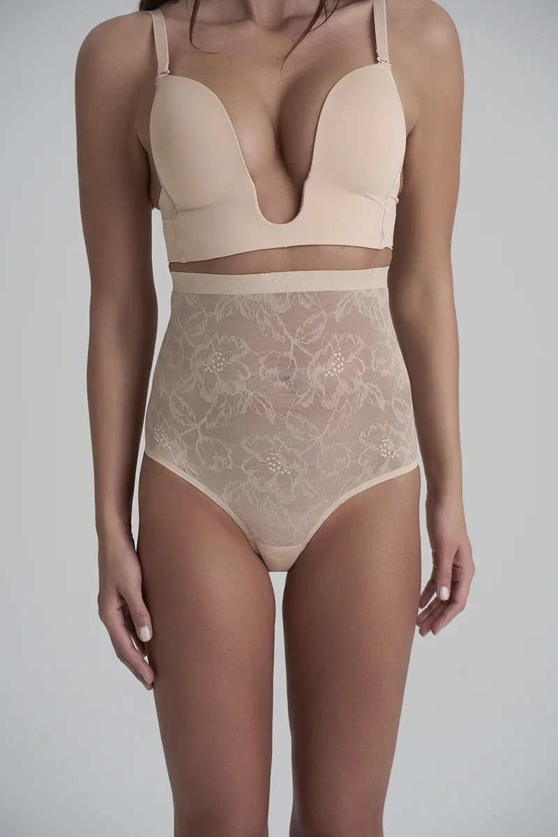 ByeBra – Shapewear mit Spitze, hochtaillierter, formender Slip mit Spitze, Beige
