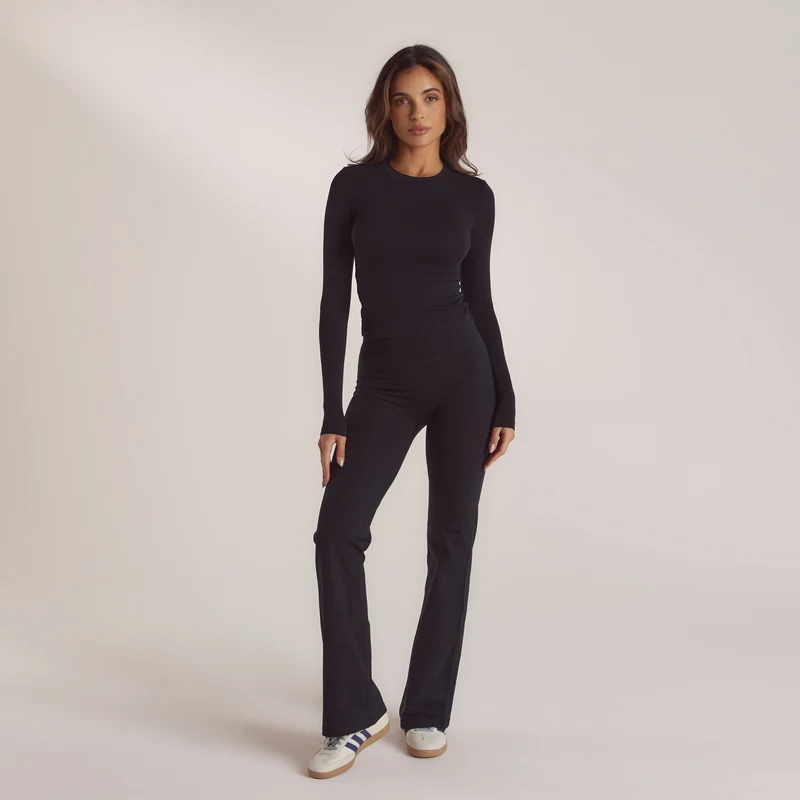 Cotton Blend Long Sleeve Top - Black