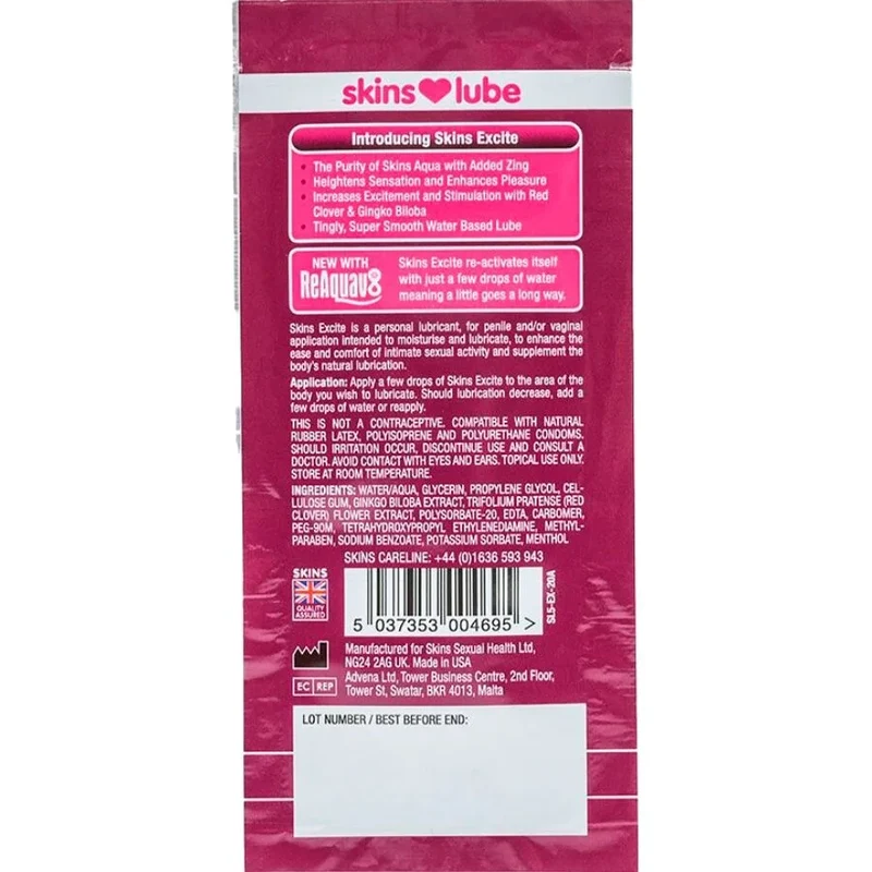 SKINS - EXCITE Gleitmittel auf Wasserbasis, Einzeldosis 5 ml