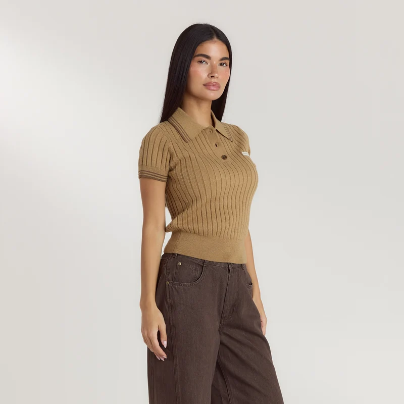 Knitted Polo Top - Tan