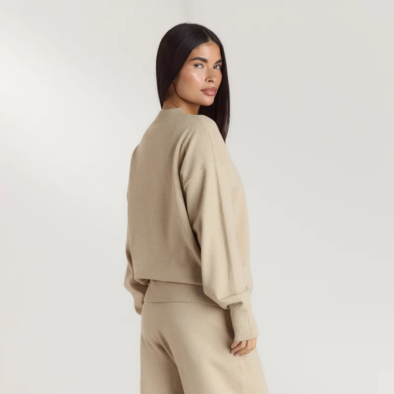 Cuffed Crew Neck Knitted Jumper - Oatmeal Marl