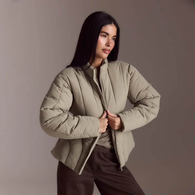 Cinched Puffer Coat - Thyme